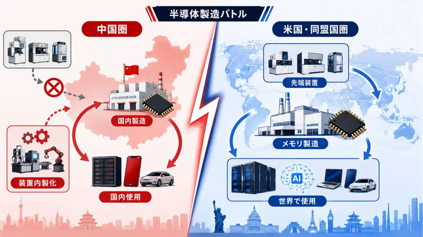 半導体製造バトルの図。中国圏は国内製造・国内消費・装置内製化で回し、米国・同盟国圏と2つの経済圏に分かれている