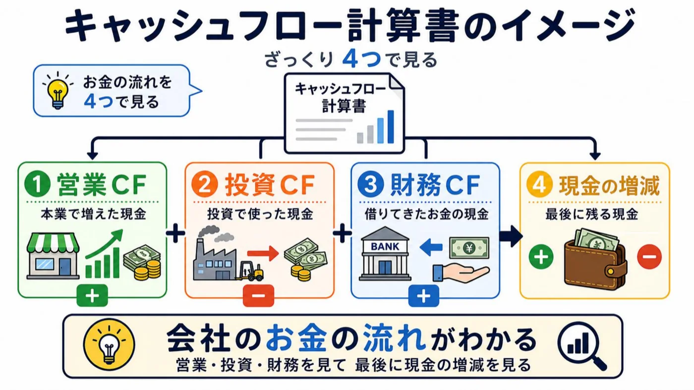 キャッシュフロー計算書のイメージ図。営業CF・投資CF・財務CF・現金の増減の4つで見る