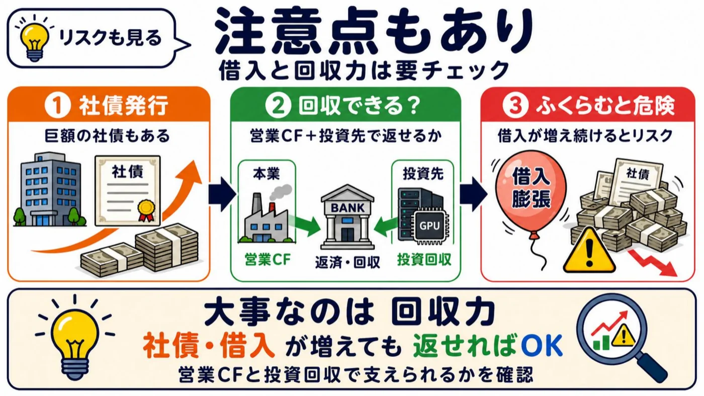 注意点の解説図。巨額の社債発行、営業CFと投資回収で返せるか、借入が膨らみ続けるリスクをチェックする