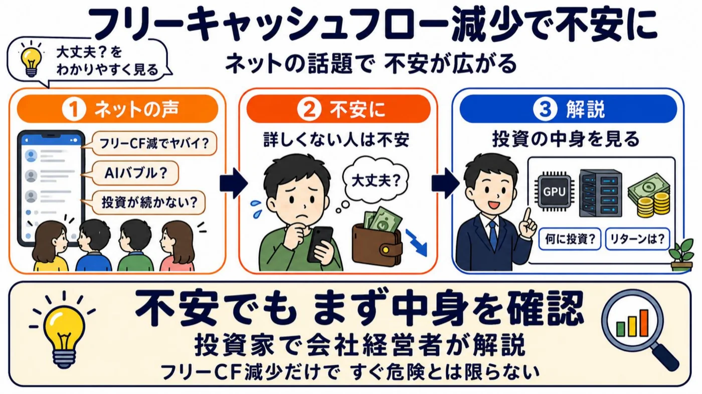 フリーキャッシュフロー減少で不安が広がる構図の解説図。ネットの声→不安→投資の中身を見るという流れ
