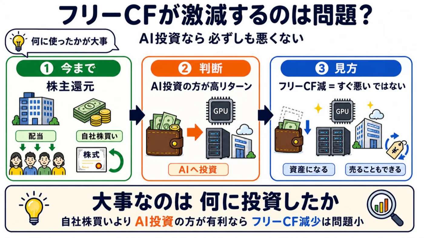 フリーCFが激減するのは問題?AI投資なら必ずしも悪くない。大事なのは何に使ったかという解説図