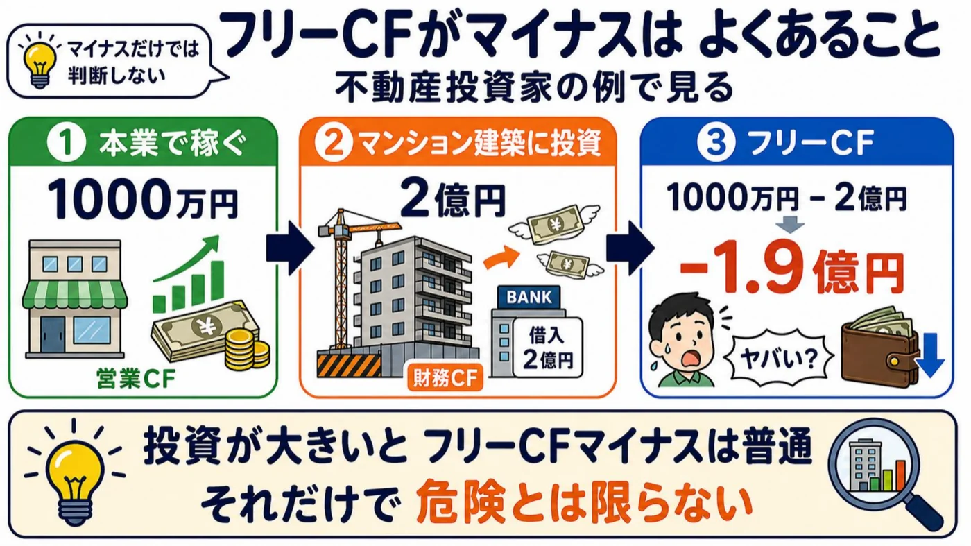 フリーCFマイナスはよくあること。本業で1,000万円稼ぐ不動産投資家が2億円のマンションを建てるとフリーCFは-1.9億円になるという例え図