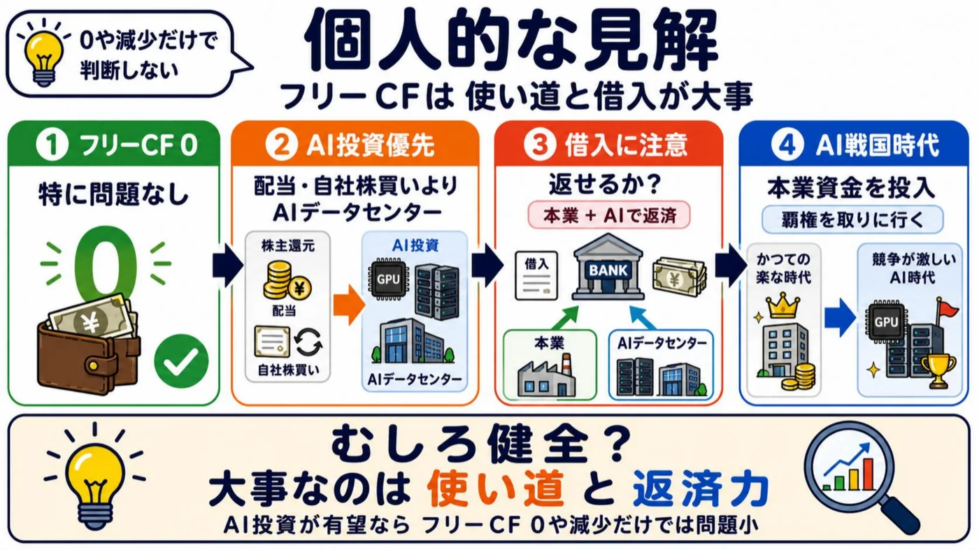 個人的な見解の解説図。フリーCF0は問題なし、AI投資優先、借入には注意、AI戦国時代は本業資金を投入して覇権を取りに行く局面