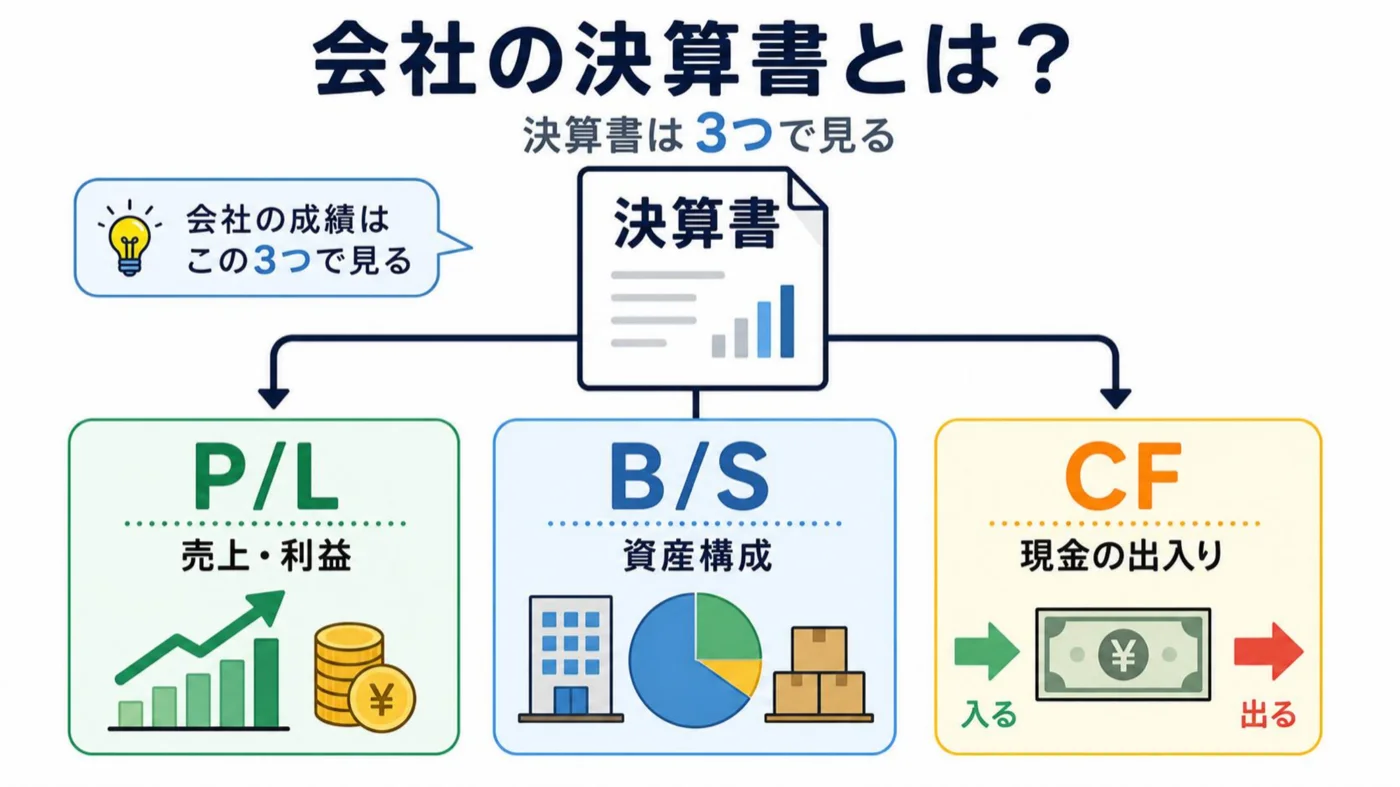 会社の決算書とは?P/L(売上・利益)、B/S(資産構成)、CF(現金の出入り)の3つで見るという解説図