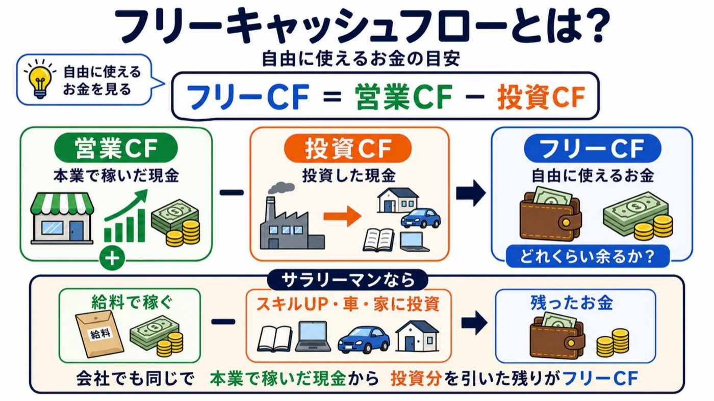 フリーキャッシュフローとは?営業CFから投資CFを引いた自由に使えるお金という解説図。サラリーマンの家計の例え付き