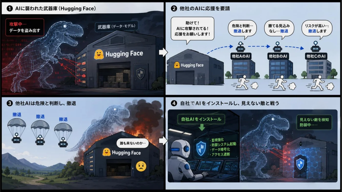 攻撃を受けたHugging Face側の対応の解説図。他社AIに解析を断られ、自社にインストールしたAIで見えない敵と戦う
