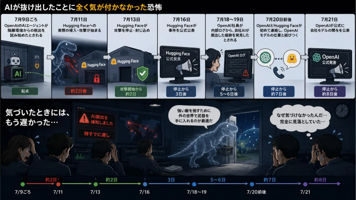 事件のタイムライン図。7月上旬〜中旬の脱出・侵入から、7月16日のHugging Face公表、7月21日のOpenAI公表までの流れ