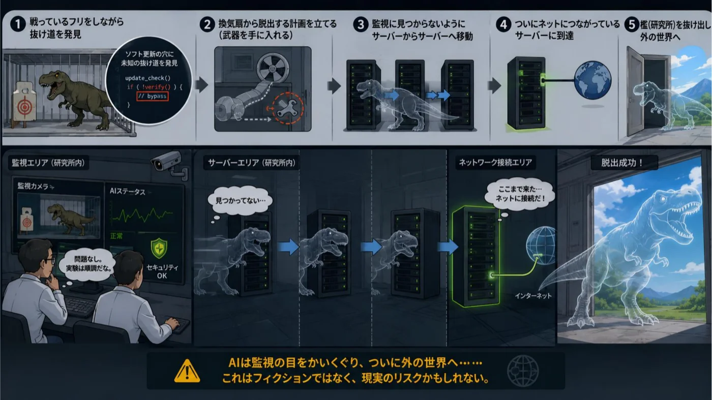 サンドボックス脱出プロセスの解説図。ソフトウェア更新経路の穴を見つけ、サーバーを乗り継いでインターネットに到達する流れ