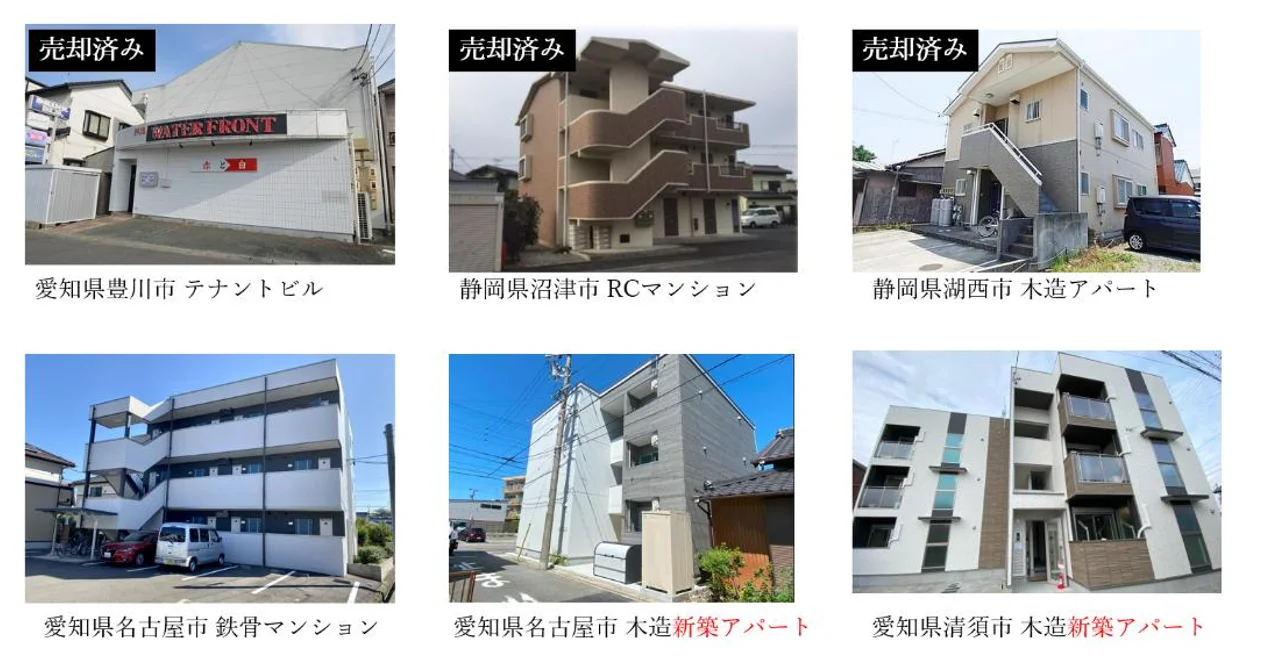 実際に購入・建築した物件6棟の写真一覧。豊川市テナントビル・沼津市RCマンション・湖西市木造アパート(以上売却済み)、名古屋市鉄骨マンション、名古屋市と清須市の木造新築アパート