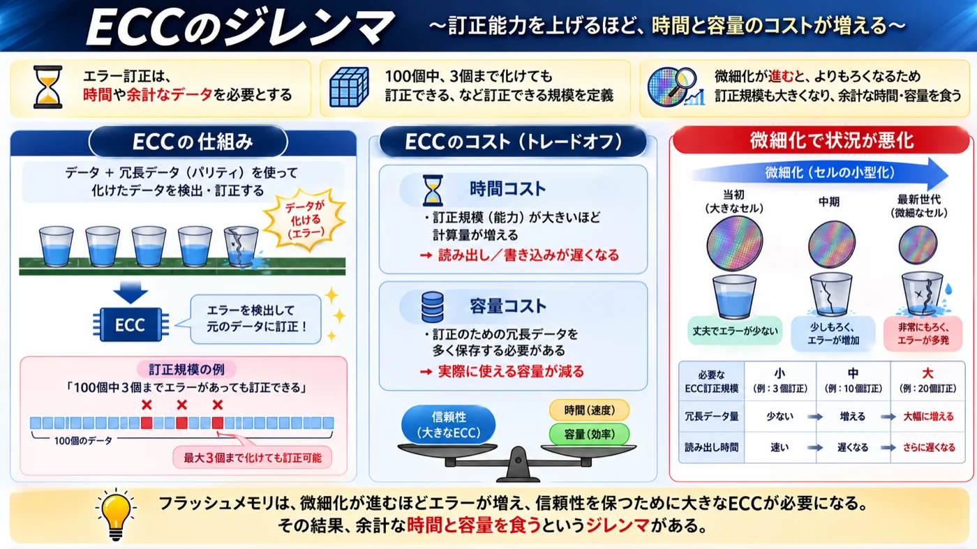ECCのジレンマの解説図。訂正能力を上げるほど時間と容量のコストが増える