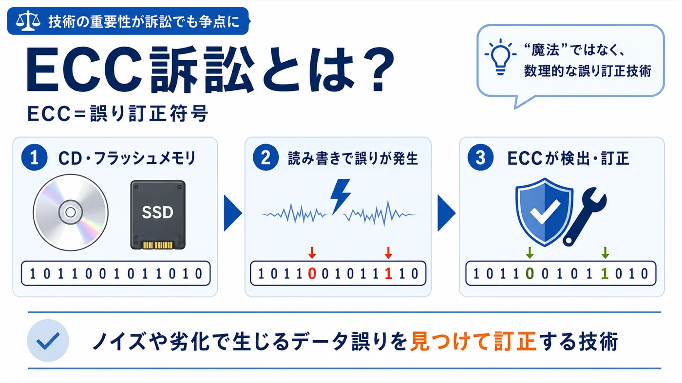 ECC訴訟とは?ECC=誤り訂正符号の仕組みの解説図