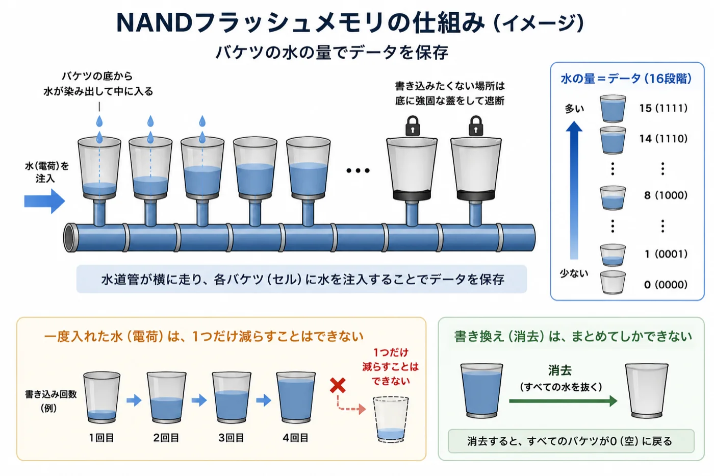 NANDフラッシュメモリの仕組み。バケツの水の量でデータを保存するイメージ図