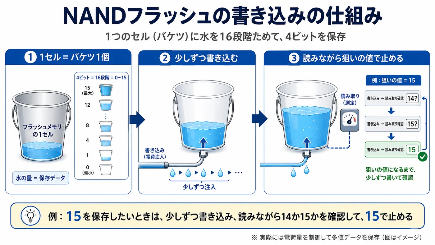 NANDフラッシュの書き込みの仕組み。少しずつ書き込み、読みながら狙いの値で止める解説図