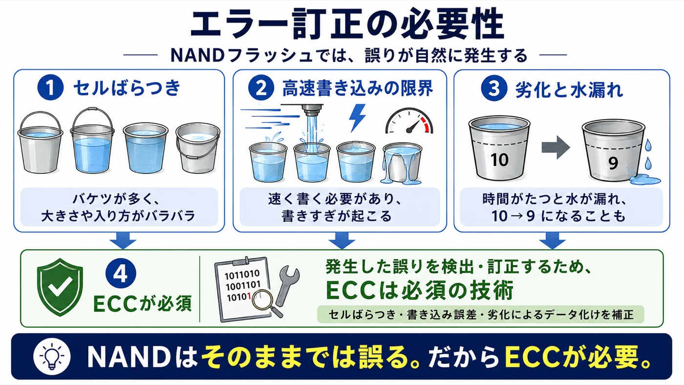 NANDフラッシュにエラー訂正が必要な理由。セルばらつき・高速書き込みの限界・劣化と水漏れの解説図