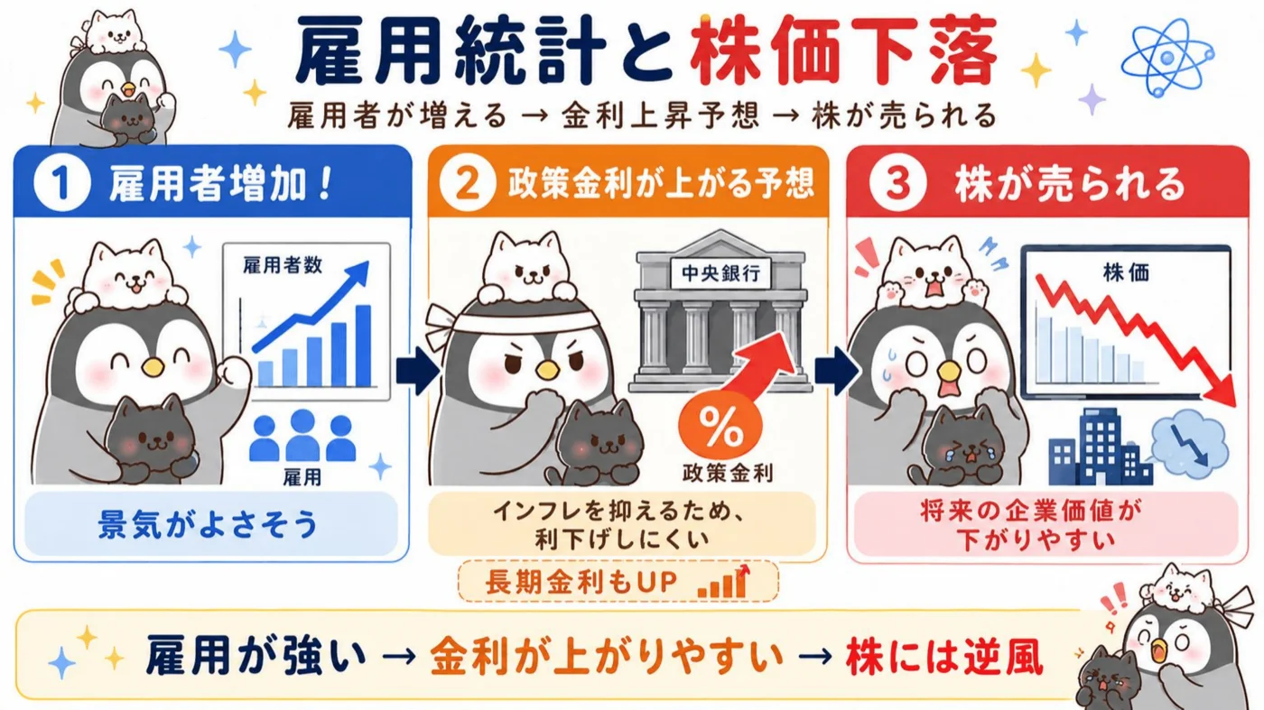 雇用者増加→政策金利が上がる予想→株が売られる、のメカニズム図解