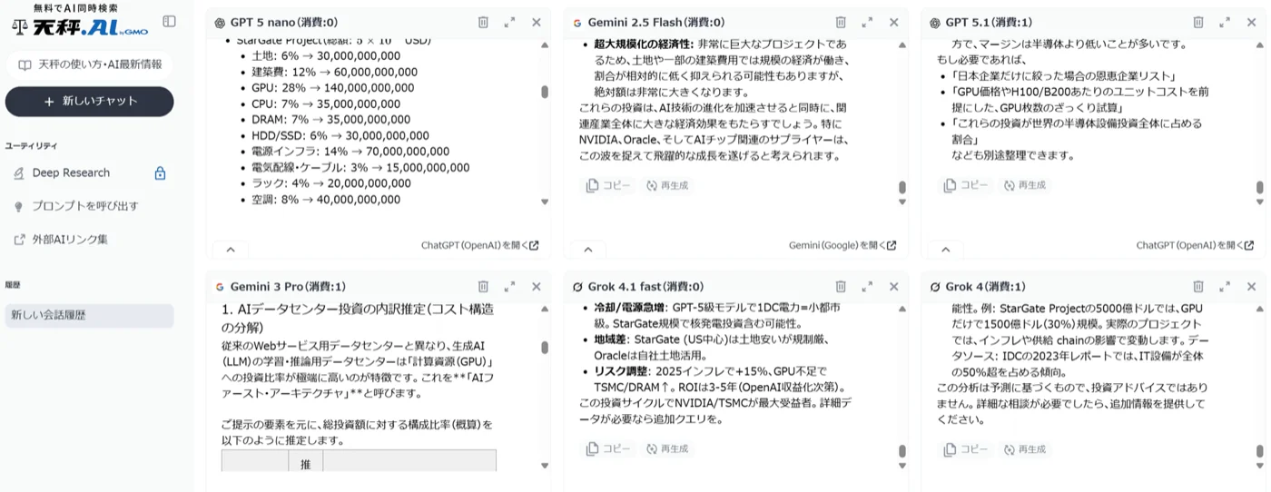 6つのAIで同時に検索して、結果を比較できる
